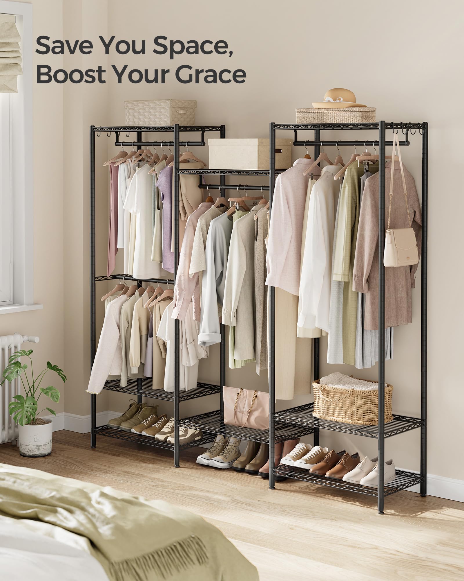 SONGMICS Portable Wardrobe Closet Heavy Duty Clothes Rack, Freestanding Closet Organizer,15.8 x 68.9 x 70.9 inches,Metal Garment Rack with Adjustable Wire Shelves, Dividable, Ink Black ULGR431B01 - Image 3