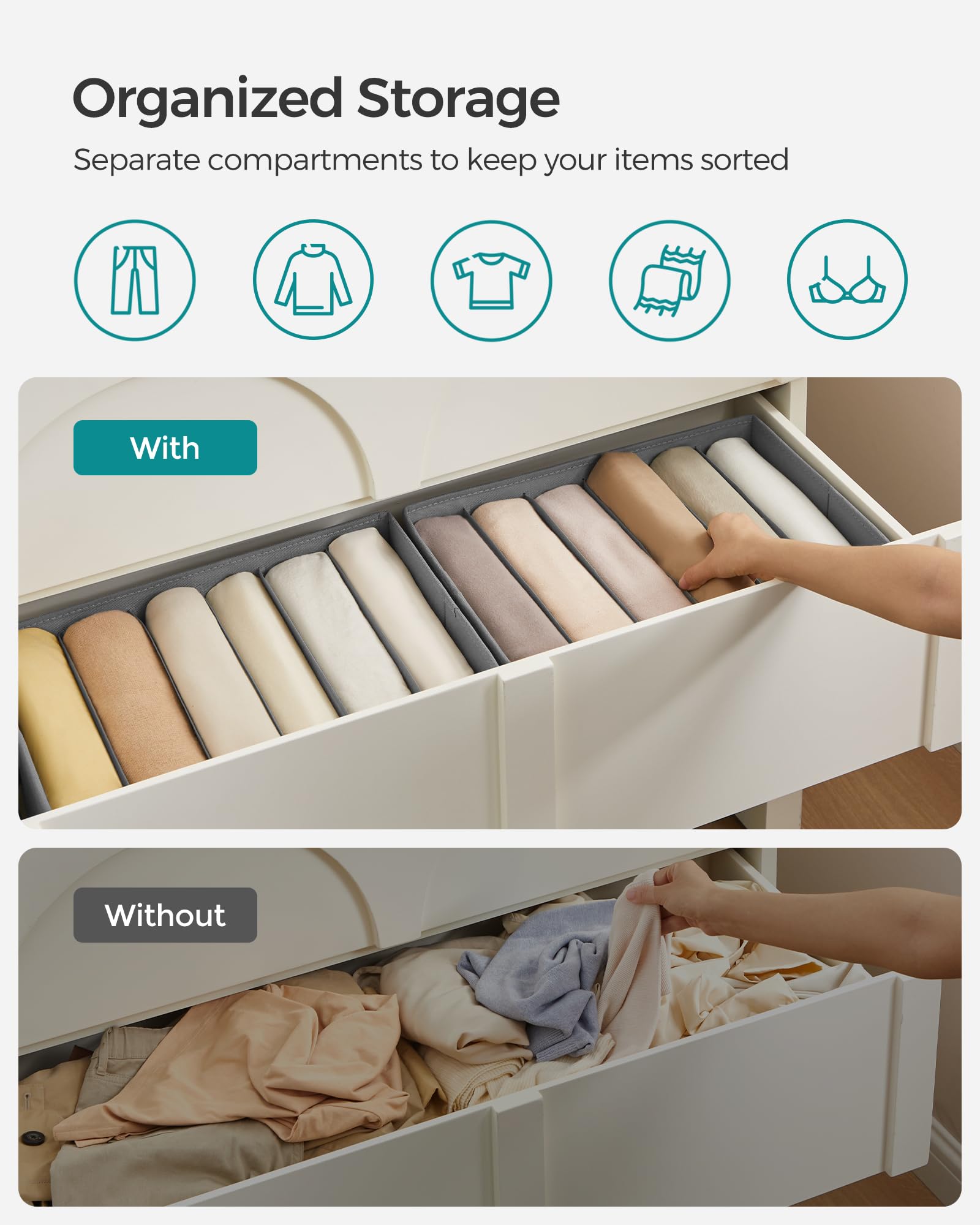 SONGMICS Set of 2 Large Size Wardrobe Clothes Organizers, 6-Compartment Foldable Drawer Organizers with Handles, 16.5 x 11.8 x 6.7 Inches, for Pants, Sweaters, Jeans, Dove Gray URUS009G02 - Image 3