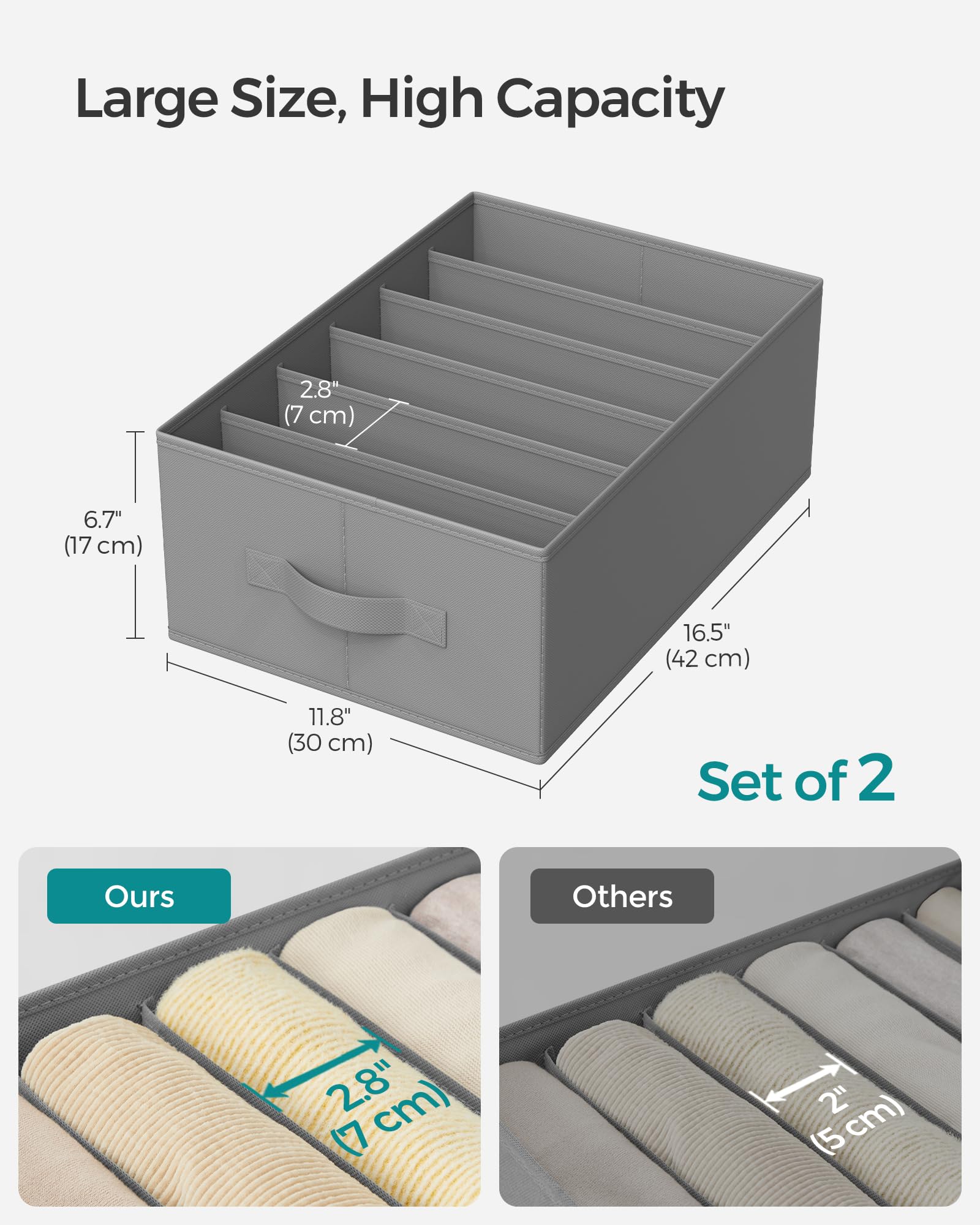 SONGMICS Set of 2 Large Size Wardrobe Clothes Organizers, 6-Compartment Foldable Drawer Organizers with Handles, 16.5 x 11.8 x 6.7 Inches, for Pants, Sweaters, Jeans, Dove Gray URUS009G02 - Image 5