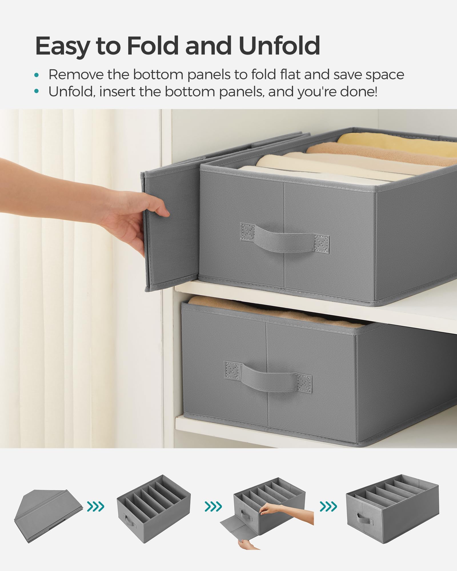 SONGMICS Set of 2 Large Size Wardrobe Clothes Organizers, 6-Compartment Foldable Drawer Organizers with Handles, 16.5 x 11.8 x 6.7 Inches, for Pants, Sweaters, Jeans, Dove Gray URUS009G02 - Image 6