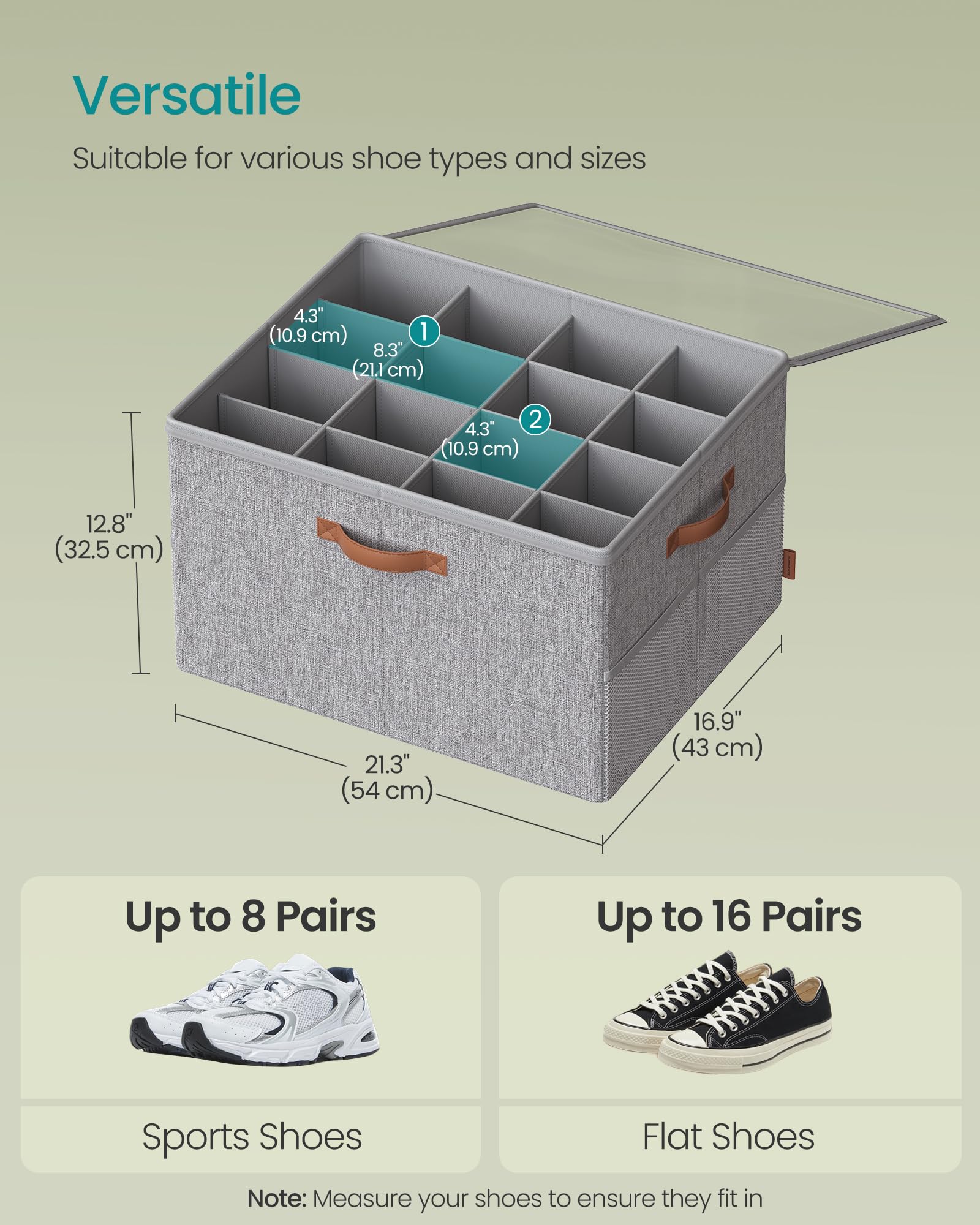SONGMICS Shoe Organizer for Closet, Shoe Storage Bin, Fits 16 Pairs, Fabric Container with Handles and Clear Cover, Adjustable Dividers, Customizable, Dove Gray ULSP555G01 - Image 6