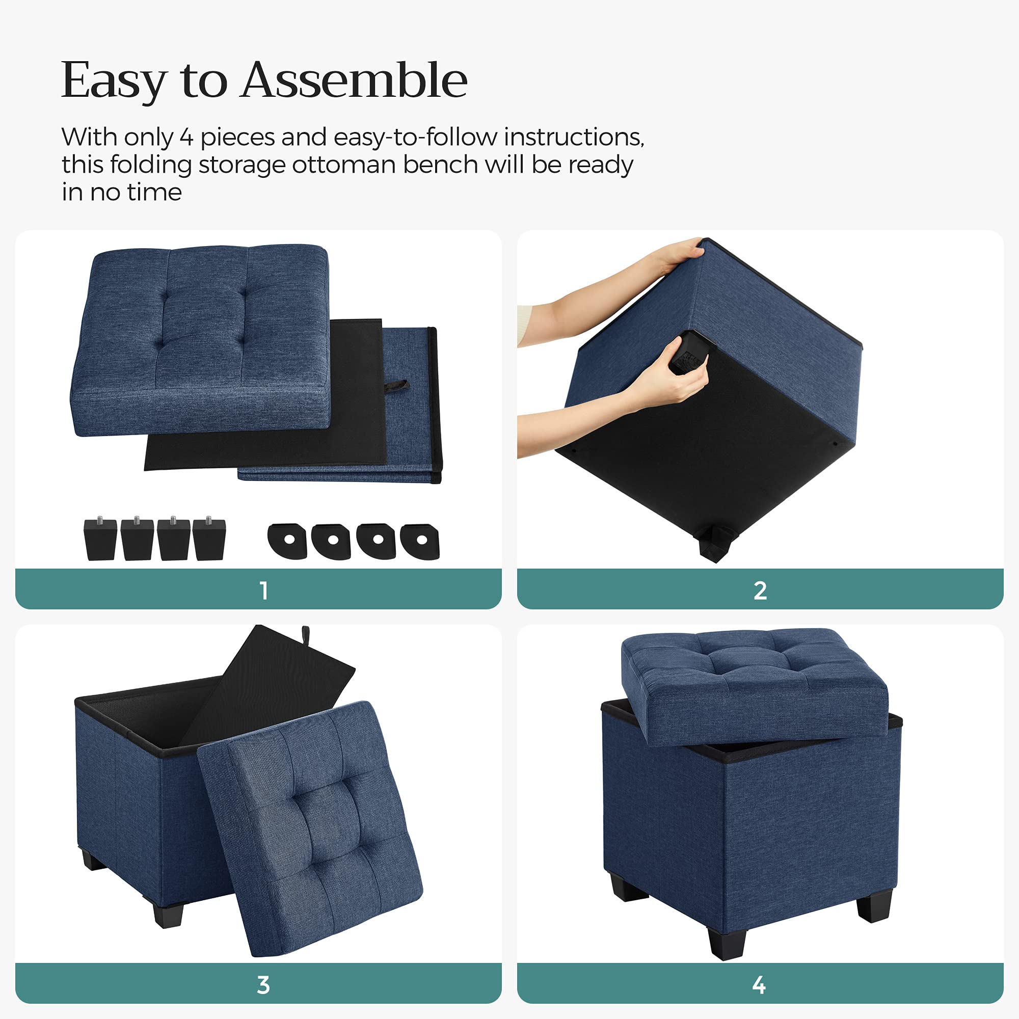 SONGMICS Storage Ottoman, Small Ottoman Foot Rest with Legs, 15 x 15 x 15.7 Inches Foot Stool, Load up to 660 lb, for Living Room, Bedroom, Dorm, Midnight Blue ULSF14IN - Image 8