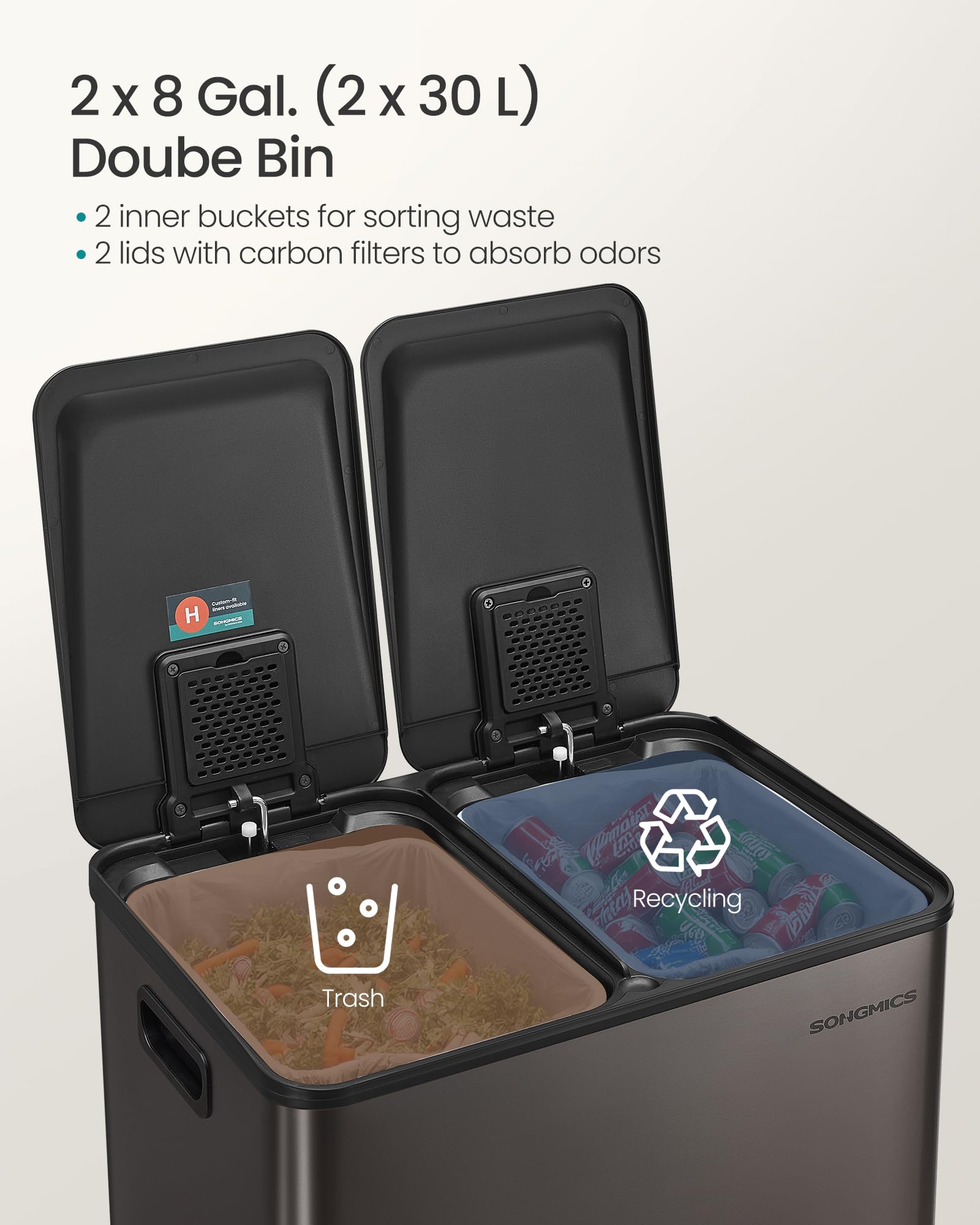 SONGMICS Trash Can, 2 x 8 Gallon (2 x 30 L) Dual-Compartment Garbage Can with Soft-Close Lid, Pedal and Inner Buckets, Stainless Steel, Includes 15 Liner Bags, Slate Gray ULTB741G01 - Image 3