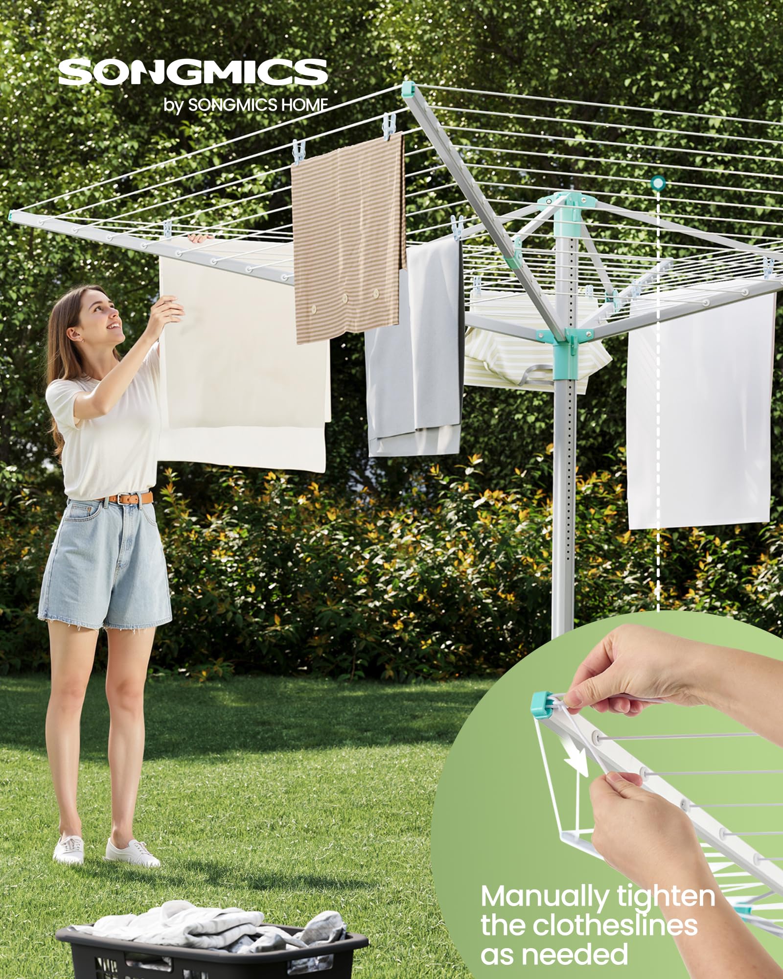 SONGMICS Umbrella Drying Rack, Retractable Outdoor Drying Rack, Height Adjustable, 197 ft Long Clothesline, Holds 6 Laundry Loads, for Garden, with Ground Spike, Cover, Silver and Green ULLR302E01 - Image 3