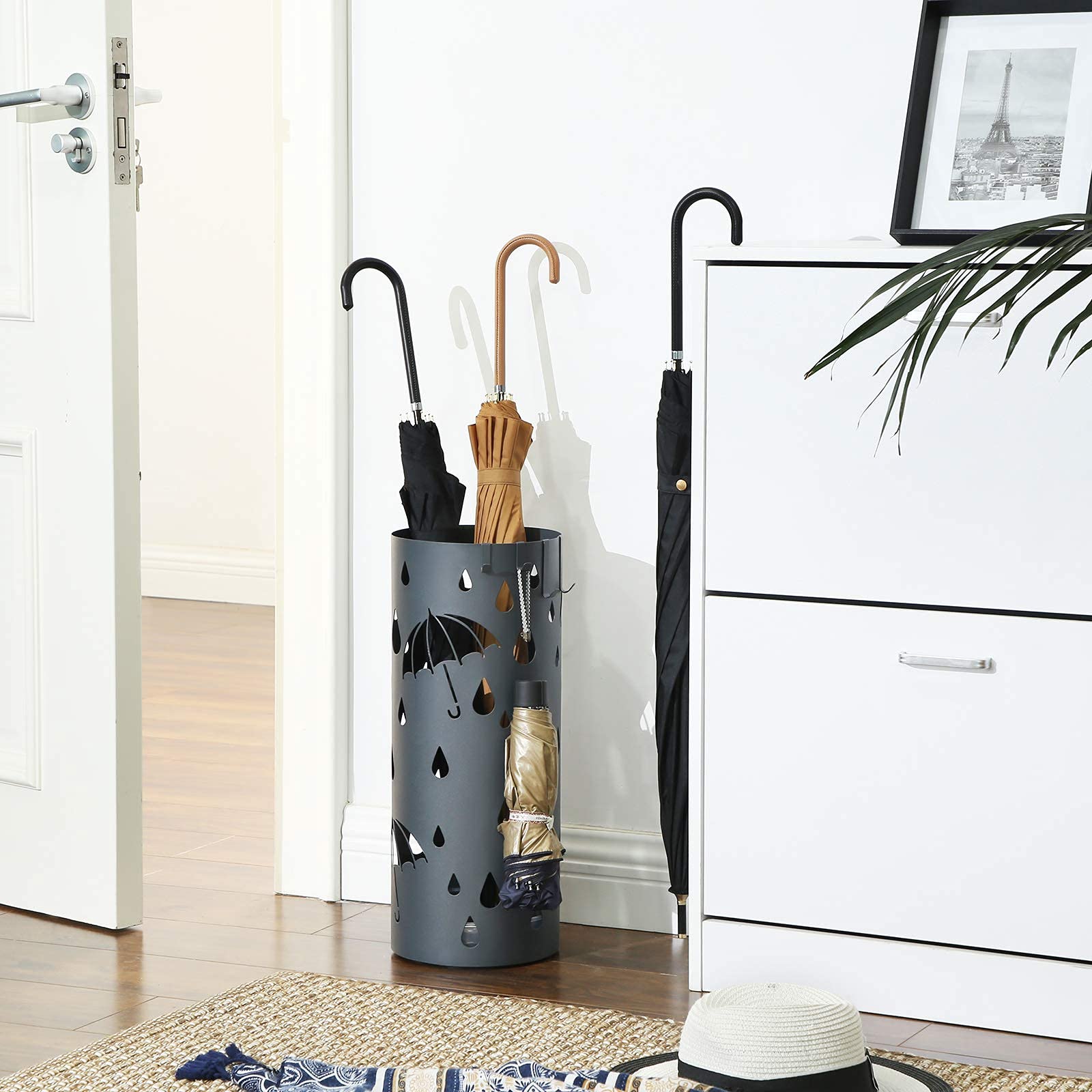 SONGMICS Umbrella Stand, Metal Umbrella Holder for Entryway, with Water Tray and 4 Hooks, 7.7 x 7.7 x 19.3 Inches, Round, Anthracite Gray ULUC23AG - Image 6