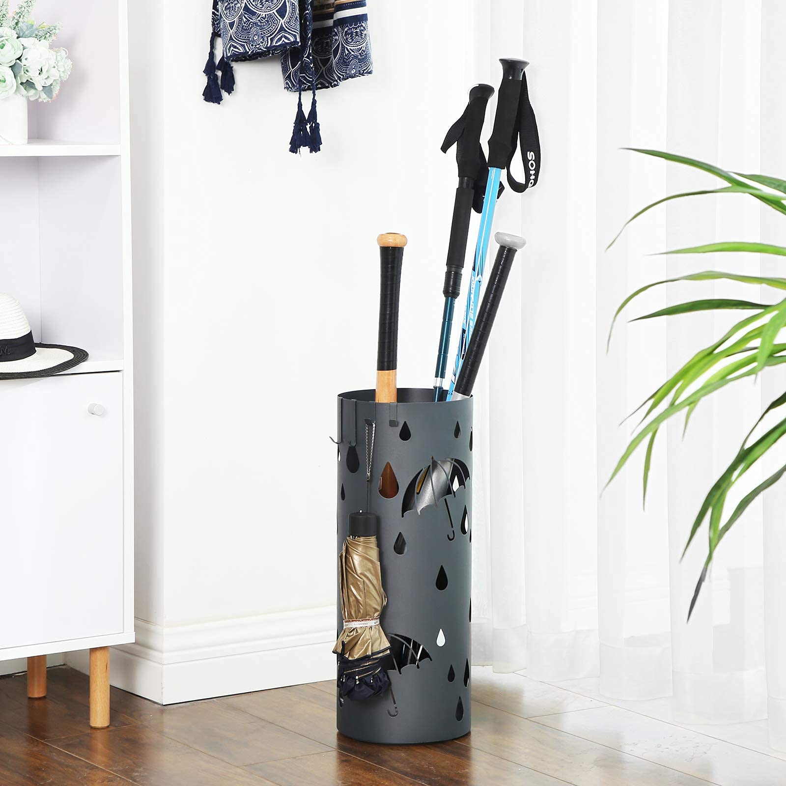SONGMICS Umbrella Stand, Metal Umbrella Holder for Entryway, with Water Tray and 4 Hooks, 7.7 x 7.7 x 19.3 Inches, Round, Anthracite Gray ULUC23AG - Image 7