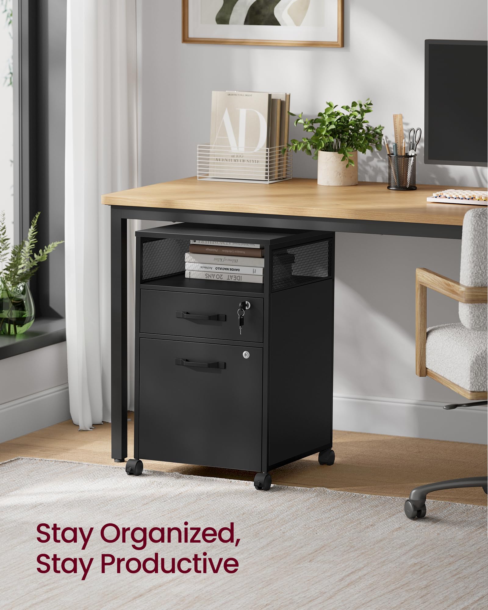VASAGLE File Cabinet, Mobile Filing Cabinet with Wheels, 2 Lockable Drawers, Open Shelf, for A4, Letter Size, Hanging File Folders, Ink Black UOFC077B16 - Image 4