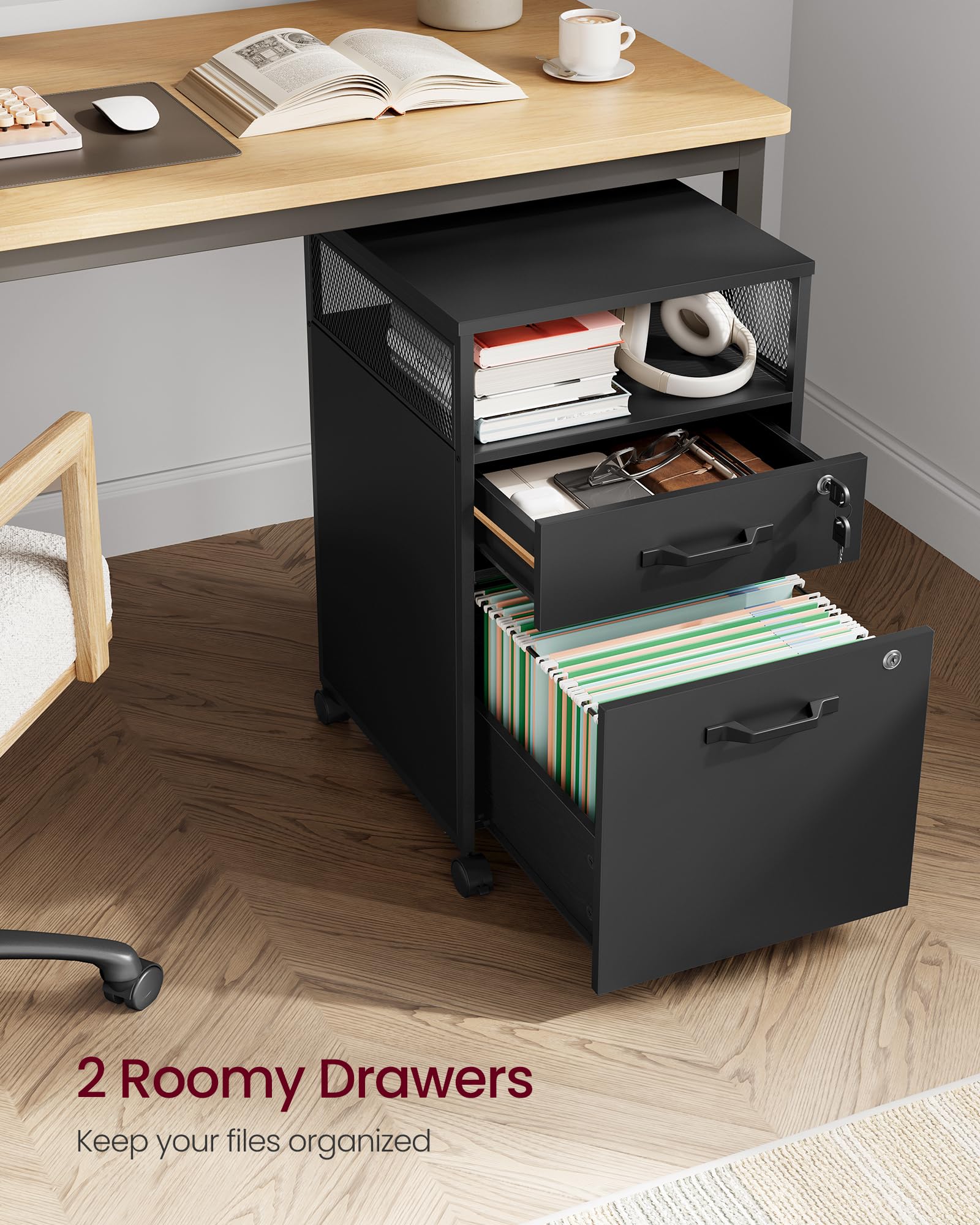 VASAGLE File Cabinet, Mobile Filing Cabinet with Wheels, 2 Lockable Drawers, Open Shelf, for A4, Letter Size, Hanging File Folders, Ink Black UOFC077B16 - Image 5