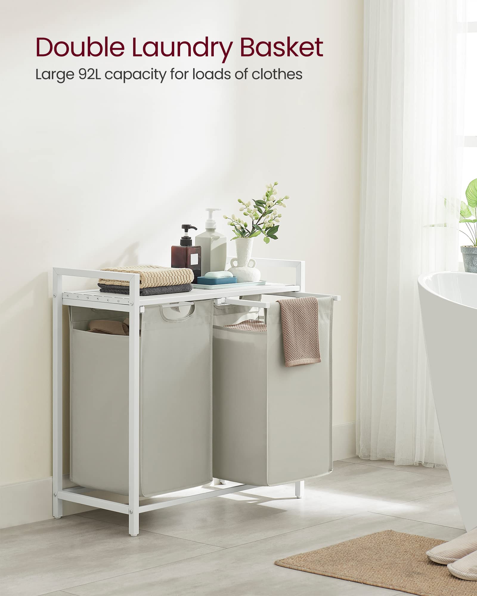 VASAGLE Laundry Hamper, Laundry Basket, Laundry Sorter with 2 Pull-Out and Removable Bags, Shelf, Metal Frame, 2 x 12.1 Gallons (46 L), 28.8 x 13 x 28.4 Inches, Cream White and Cloud White UBLH201W01 - Image 3