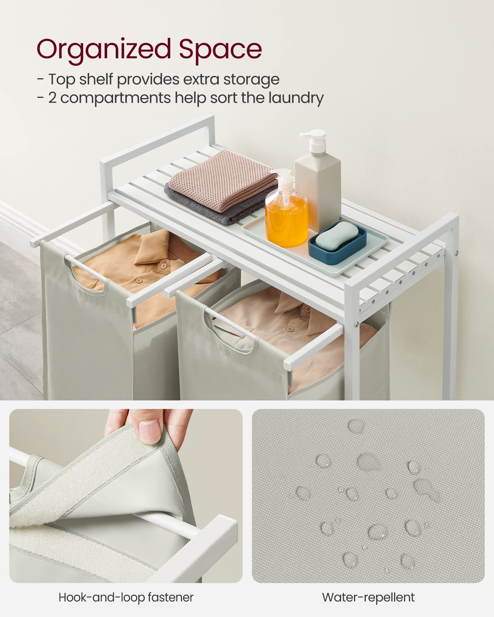 VASAGLE Laundry Hamper, Laundry Basket, Laundry Sorter with 2 Pull-Out and Removable Bags, Shelf, Metal Frame, 2 x 12.1 Gallons (46 L), 28.8 x 13 x 28.4 Inches, Cream White and Cloud White UBLH201W01 - Image 4