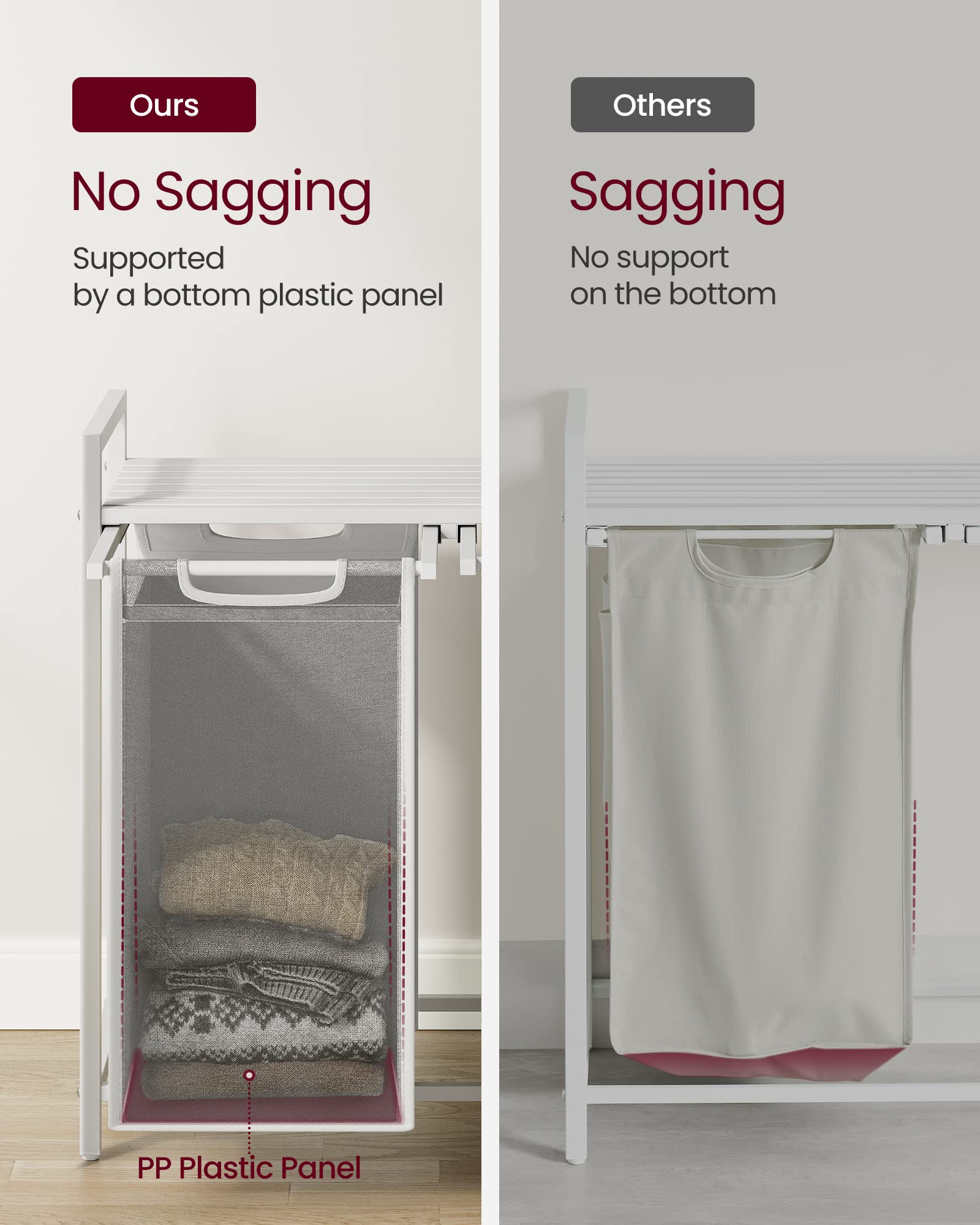 VASAGLE Laundry Hamper, Laundry Basket, Laundry Sorter with 2 Pull-Out and Removable Bags, Shelf, Metal Frame, 2 x 12.1 Gallons (46 L), 28.8 x 13 x 28.4 Inches, Cream White and Cloud White UBLH201W01 - Image 6