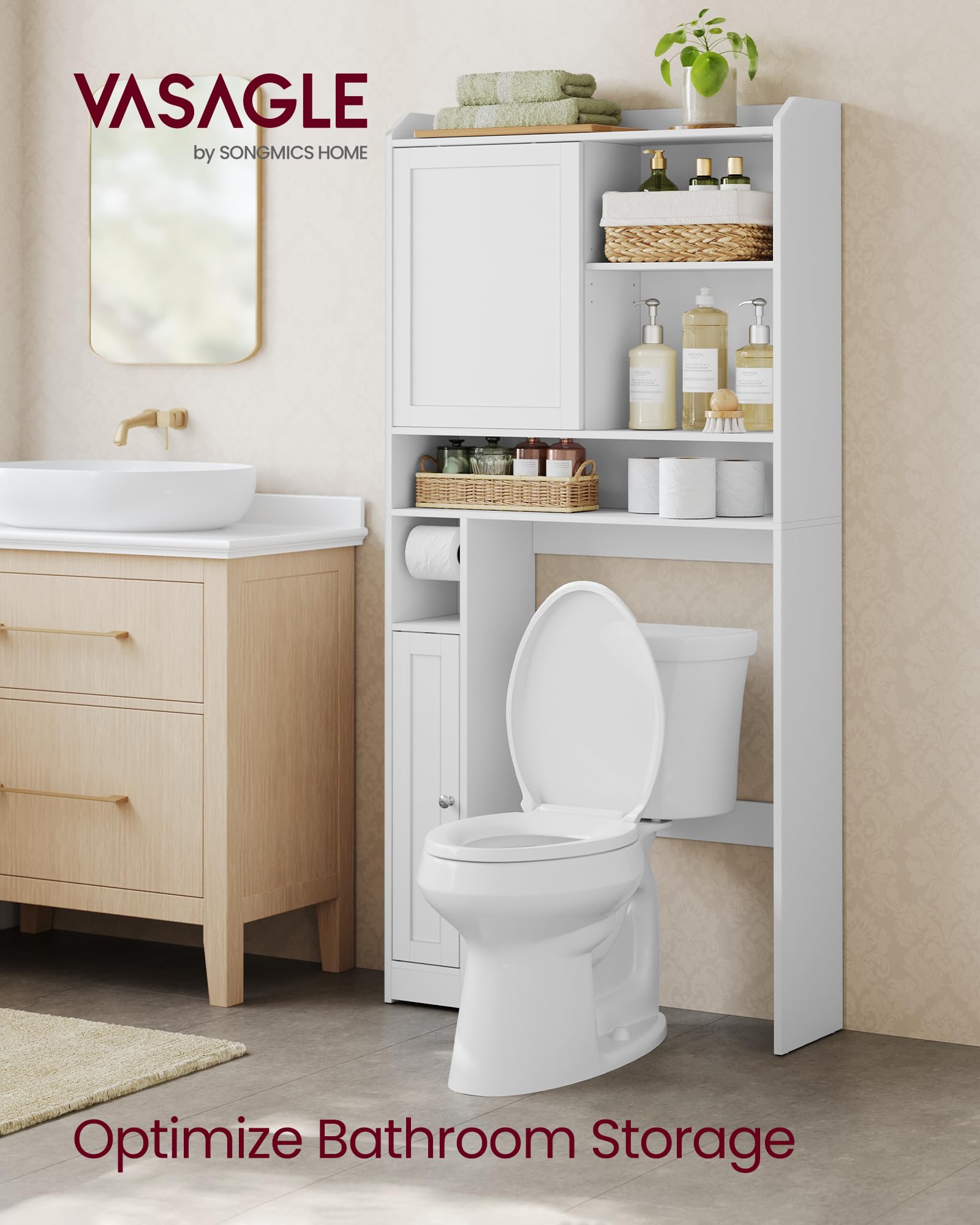 VASAGLE Over The Toilet Storage Shelf, Bathroom Storage Cabinet with Sliding Door, Adjustable Shelves, Toilet Paper Holder, Space-Saving, Modern, 9.8 x 32.7 x 66.9 Inches, Cloud White UBTS018W01 - Image 3