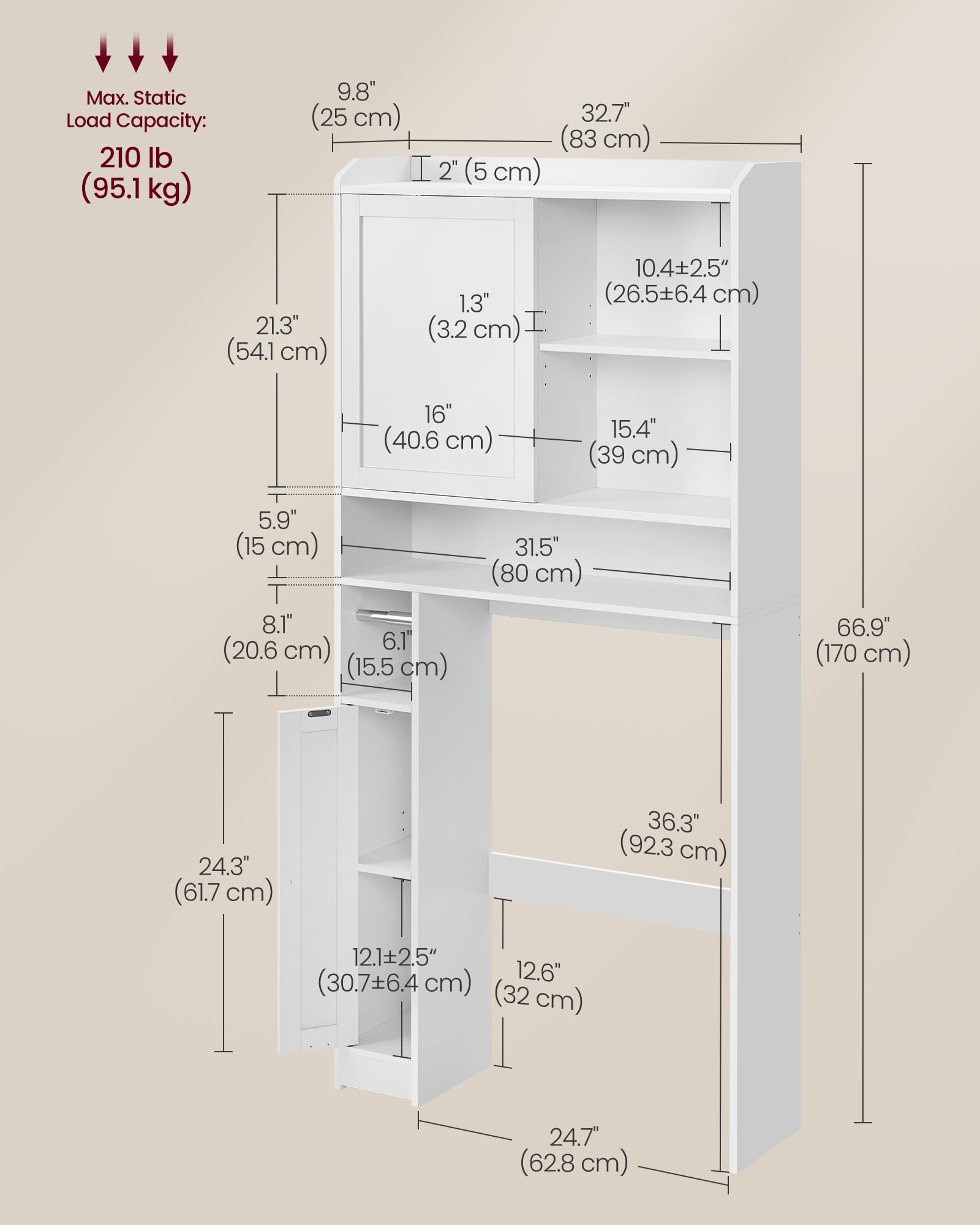 VASAGLE Over The Toilet Storage Shelf, Bathroom Storage Cabinet with Sliding Door, Adjustable Shelves, Toilet Paper Holder, Space-Saving, Modern, 9.8 x 32.7 x 66.9 Inches, Cloud White UBTS018W01 - Image 5