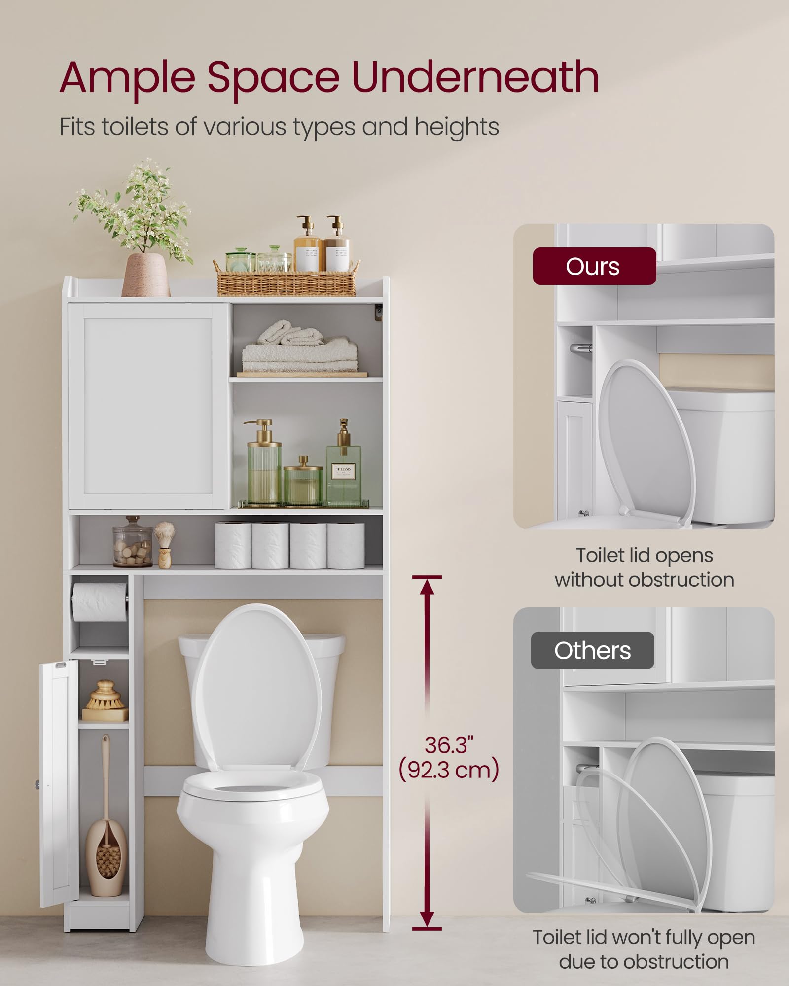VASAGLE Over The Toilet Storage Shelf, Bathroom Storage Cabinet with Sliding Door, Adjustable Shelves, Toilet Paper Holder, Space-Saving, Modern, 9.8 x 32.7 x 66.9 Inches, Cloud White UBTS018W01 - Image 6